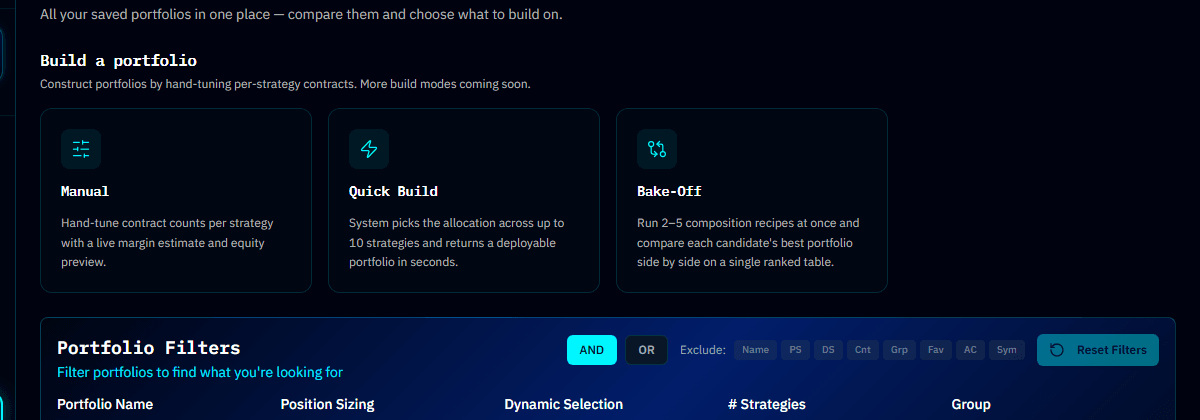 Portfolio Studio hub launcher showing construction mode tiles and recent portfolio activity