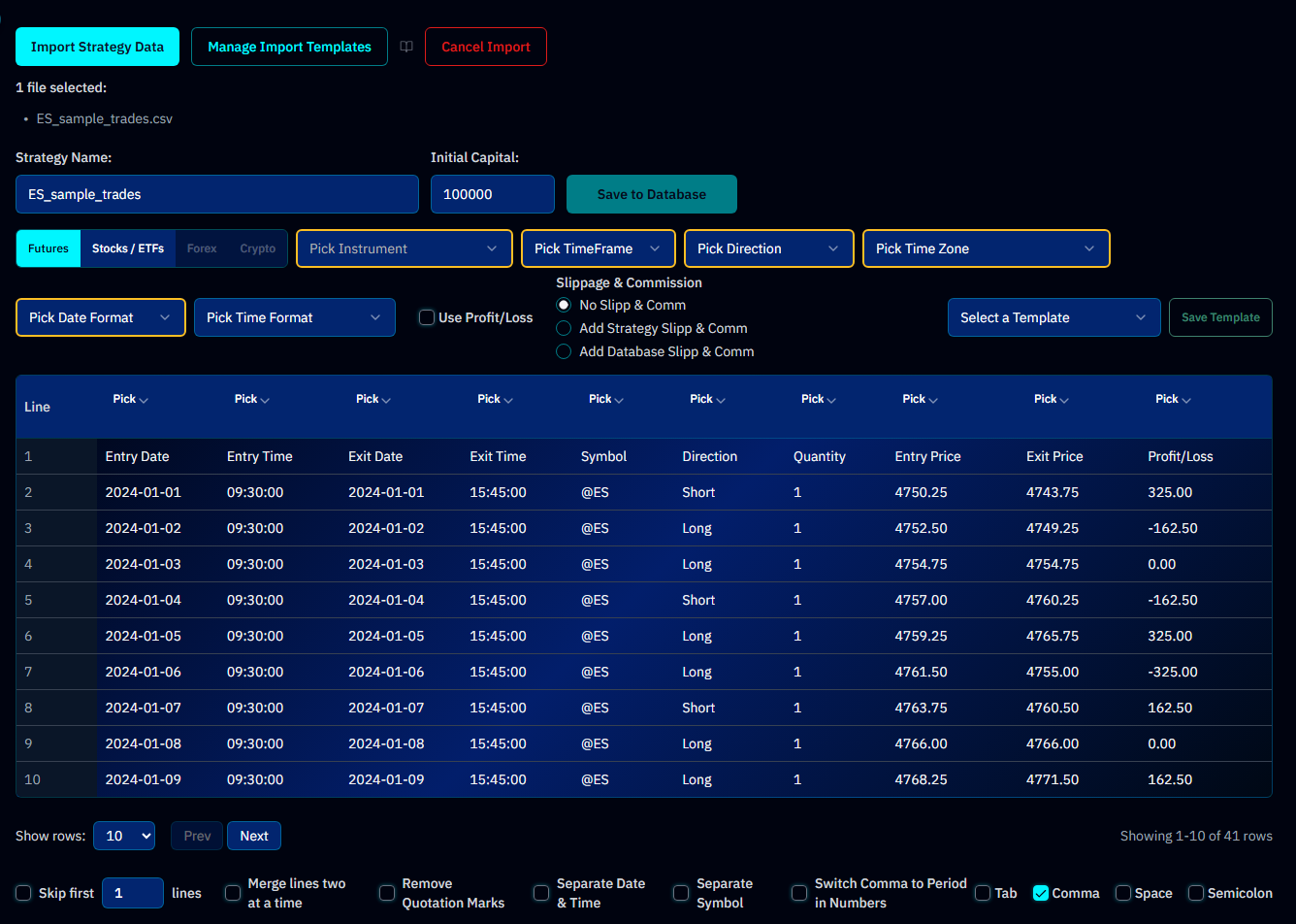 The import wizard after a CSV is loaded: strategy configuration above, column mapping table below